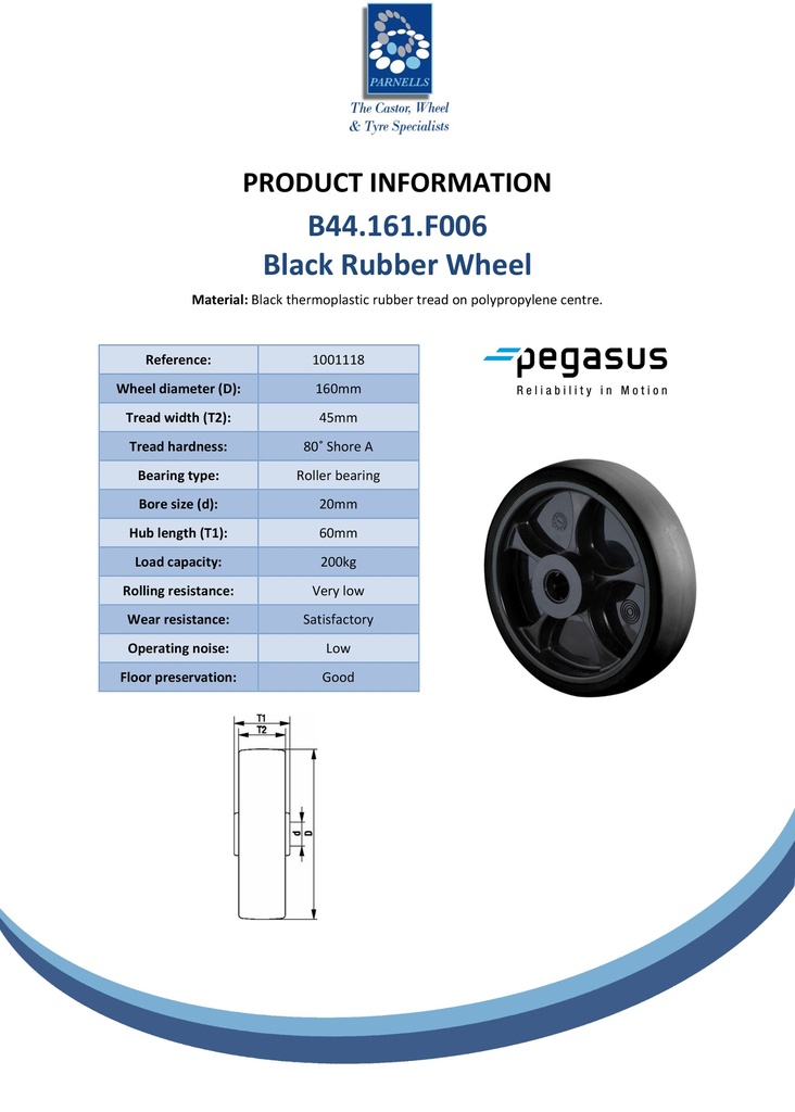 B44.161.F006 Wheel series 160mm black thermoplastic rubber on polypropylene centre 20mm bore hub length 60mm roller bearing 200kg - Spec sheet