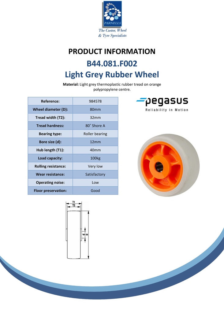 B44.081.F002 Wheel series 80mm light grey thermoplastic rubber on polypropylene centre 12mm bore hub length 40mm roller bearing 100kg - Spec sheet