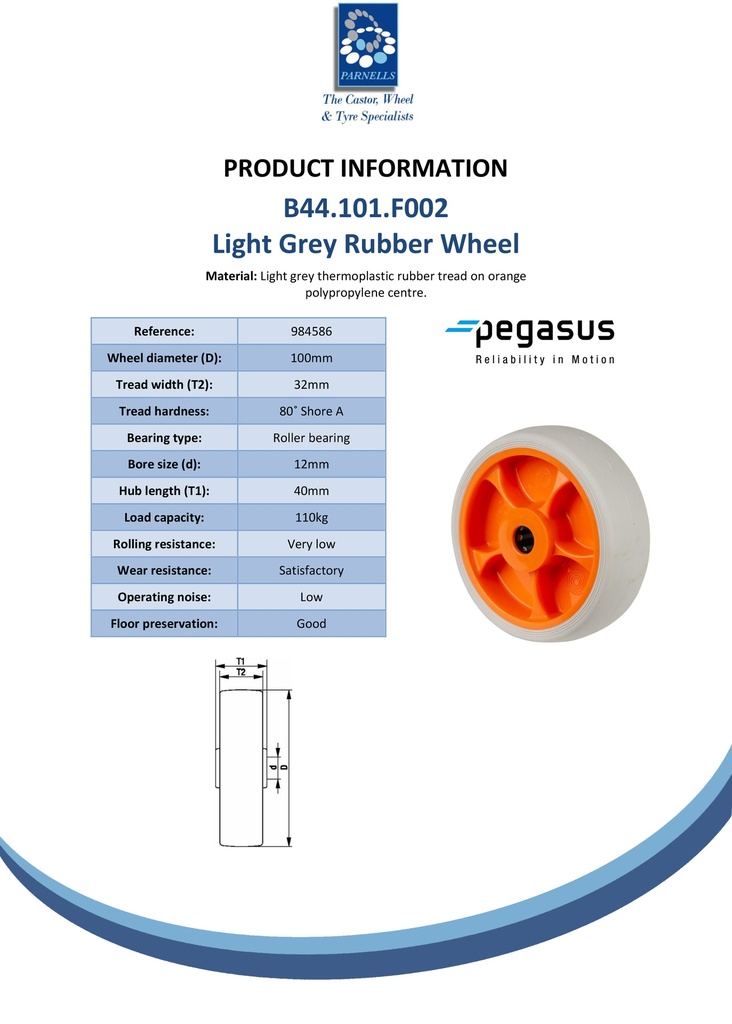 B44.101.F002 Wheel series 100mm light grey thermoplastic rubber on polypropylene centre 12mm bore hub length 40mm roller bearing 110kg - Spec sheet