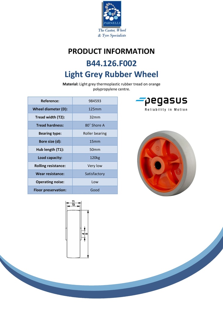 B44.126.F002 Wheel series 125mm light grey thermoplastic rubber on polypropylene centre 15mm bore hub length 50mm roller bearing 120kg - Spec sheet