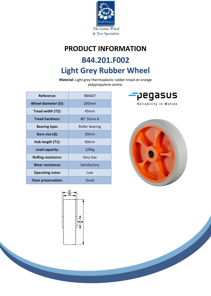 B44.201.F002 Wheel series 200mm light grey thermoplastic rubber on polypropylene centre 20mm bore hub length 60mm roller bearing 220kg - Spec sheet
