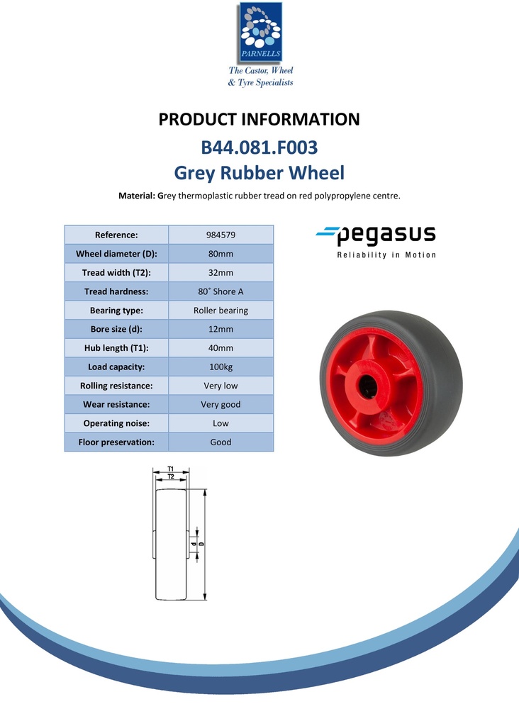 B44.081.F003 Wheel series 80mm grey thermoplastic rubber on polypropylene centre 12mm bore hub length 40mm roller bearing 100kg - Spec sheet