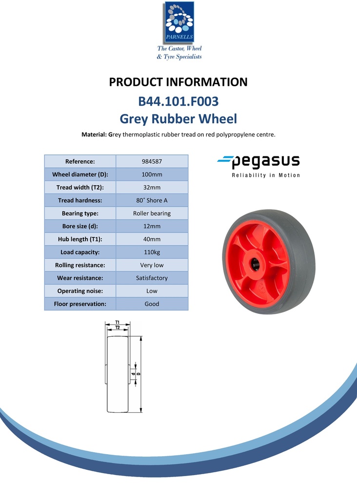 B44.101.F003 Wheel series 100mm grey thermoplastic rubber on polypropylene centre 12mm bore hub length 40mm roller bearing 110kg - Spec sheet