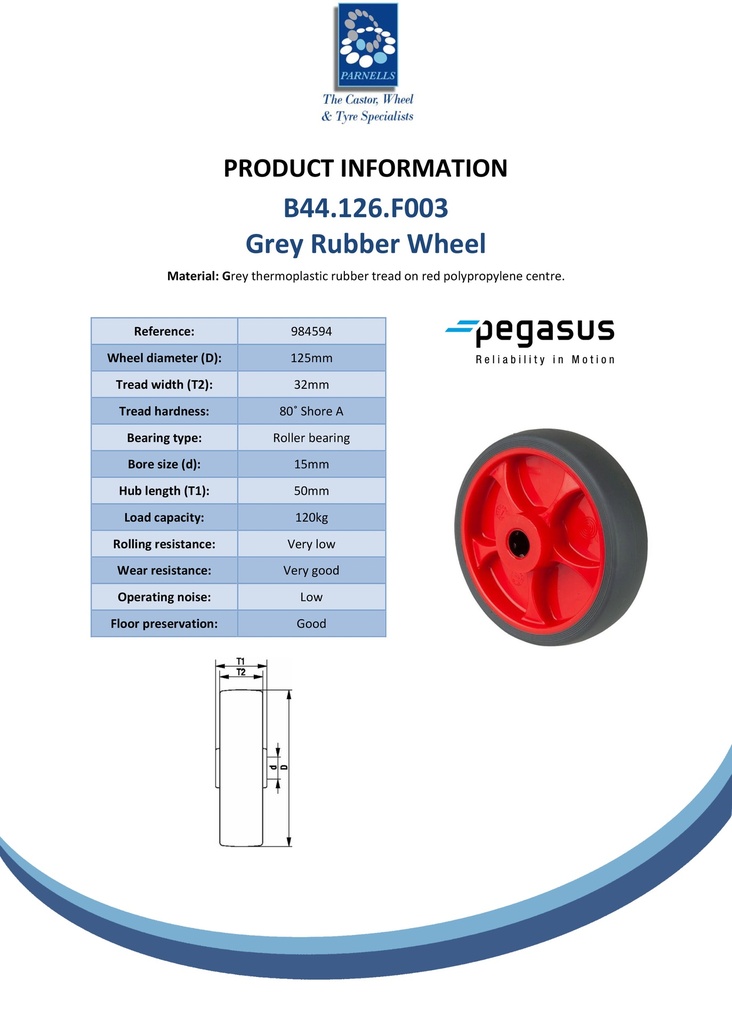 B44.126.F003 Wheel series 125mm grey thermoplastic rubber on polypropylene centre 15mm bore hub length 50mm roller bearing 120kg - Spec sheet