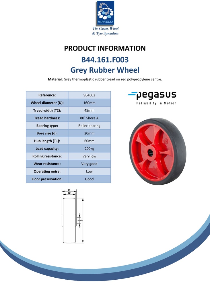 B44.161.F003 Wheel series 160mm grey thermoplastic rubber on polypropylene centre 20mm bore hub length 60mm roller bearing 200kg - Spec sheet