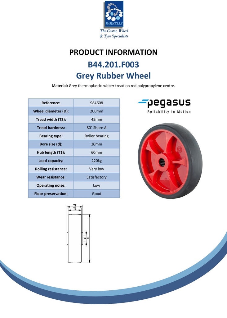 B44.201.F003 Wheel series 200mm grey thermoplastic rubber on polypropylene centre 20mm bore hub length 60mm roller bearing 220kg - Spec sheet