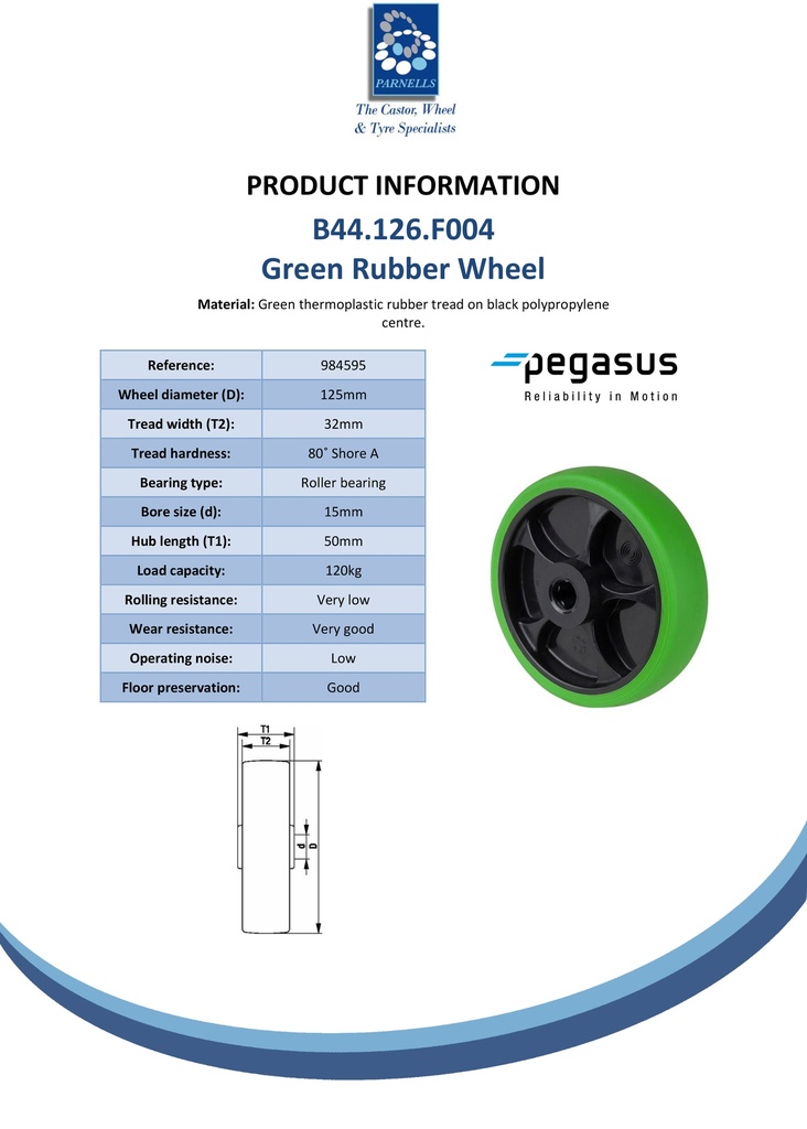 B44.126.F004 Wheel series 125mm green thermoplastic rubber on polypropylene centre 15mm bore hub length 50mm roller bearing 120kg - Spec sheet