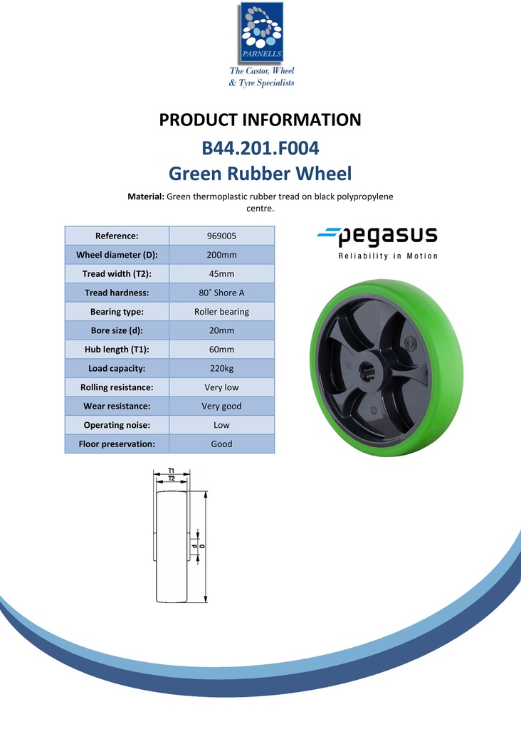 B44.201.F004 Wheel series 200mm green thermoplastic rubber on polypropylene centre 20mm bore hub length 60mm roller bearing 220kg - Spec sheet