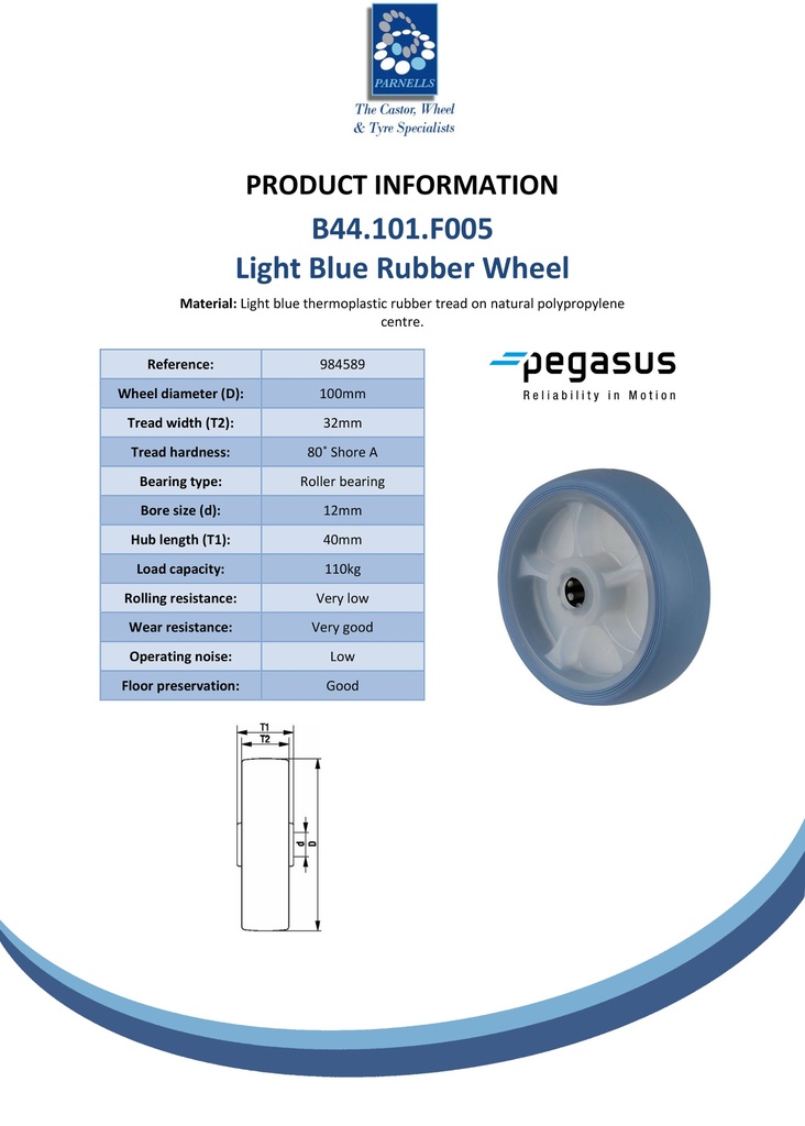 B44.101.F005 Wheel series 100mm light blue thermoplastic rubber on polypropylene centre 12mm bore hub length 40mm roller bearing 110kg - Spec sheet
