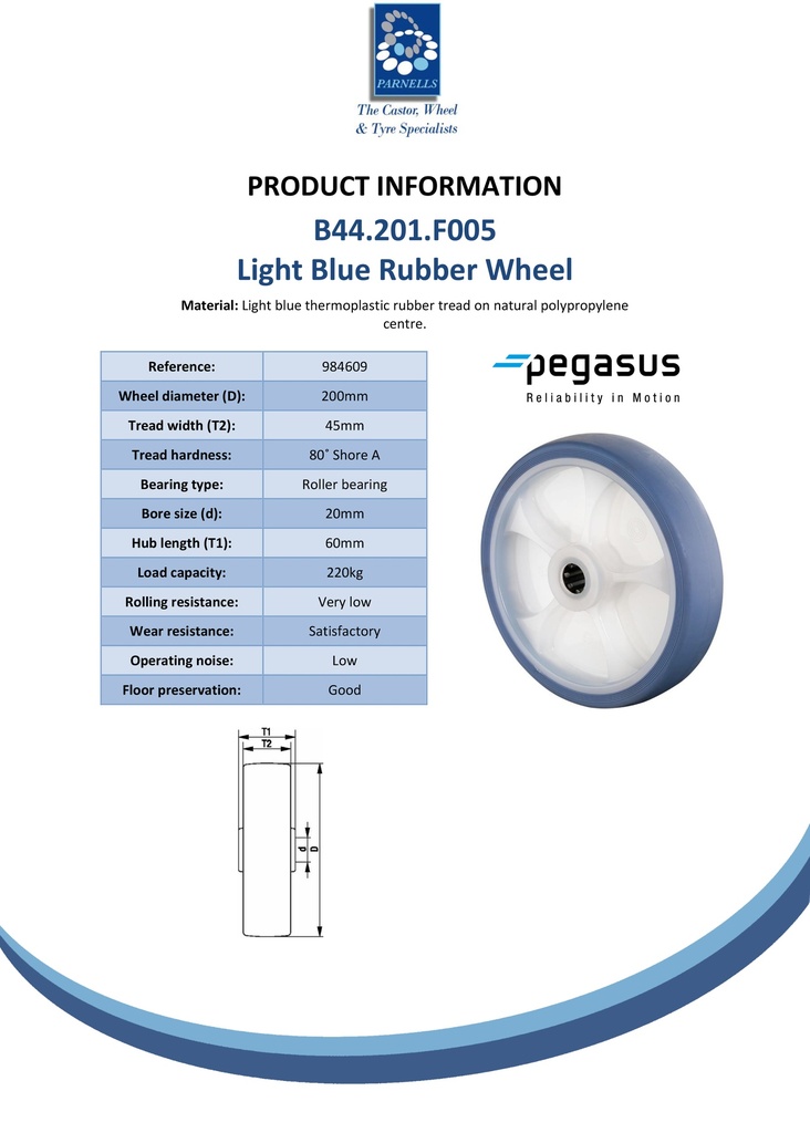 B44.201.F005 Wheel series 200mm light blue thermoplastic rubber on polypropylene centre 20mm bore hub length 60mm roller bearing 220kg - Spec sheet