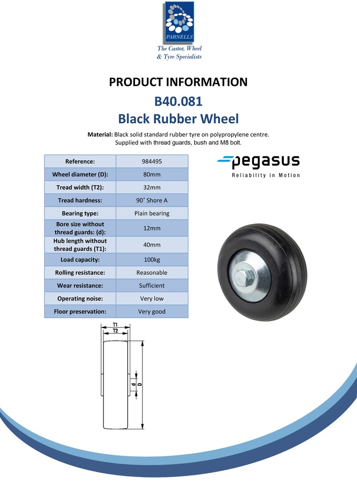 B40.081 Wheel series 80mm black rubber on polypropylene centre 12mm bore hub length 40mm plain bearing 100kg - Spec sheet