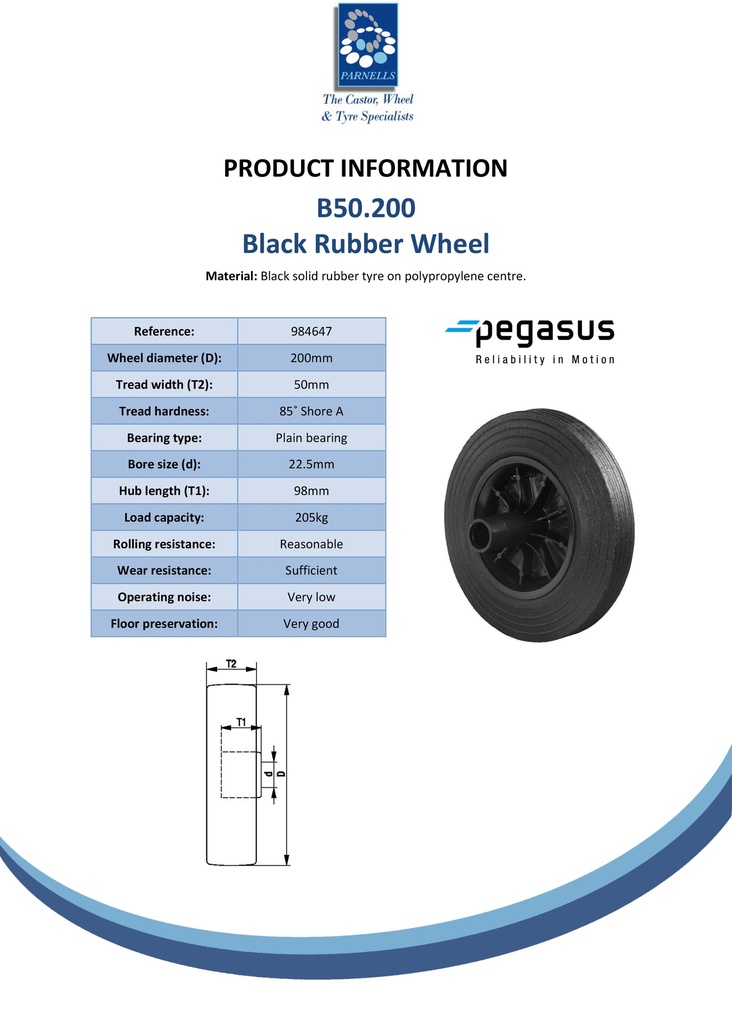 B50.200 Wheel series 200mm black rubber on polypropylene centre 22.5mm bore hub length 98mm plain bearing 205kg - Spec sheet