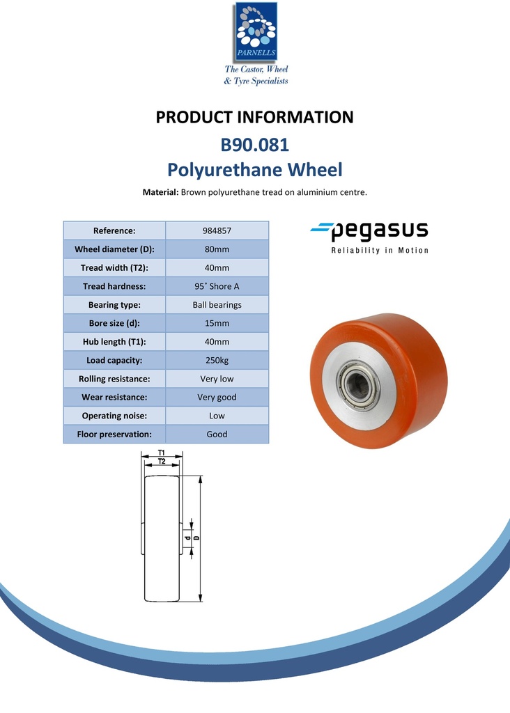B90.081 Wheel series 80mm brown Prothane® polyurethane on aluminium centre 15mm bore hub length 40mm ball bearing 250kg - Spec sheet