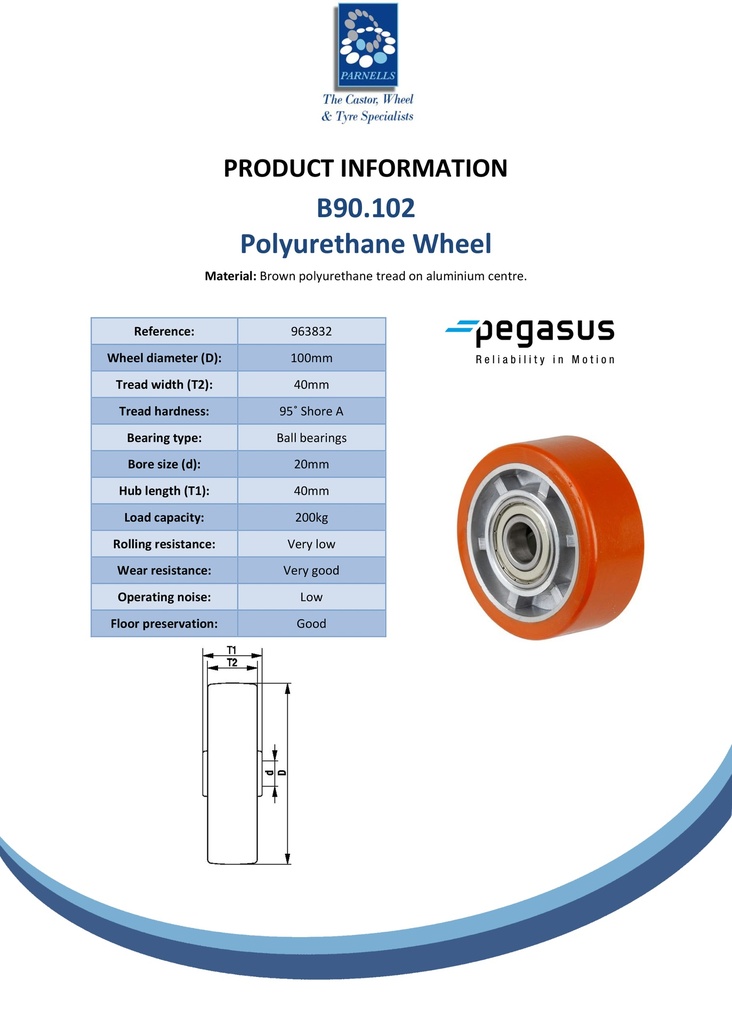 B90.102 Wheel series 100mm brown Prothane® polyurethane on aluminium centre 20mm bore hub length 40mm ball bearing 200kg - Spec sheet