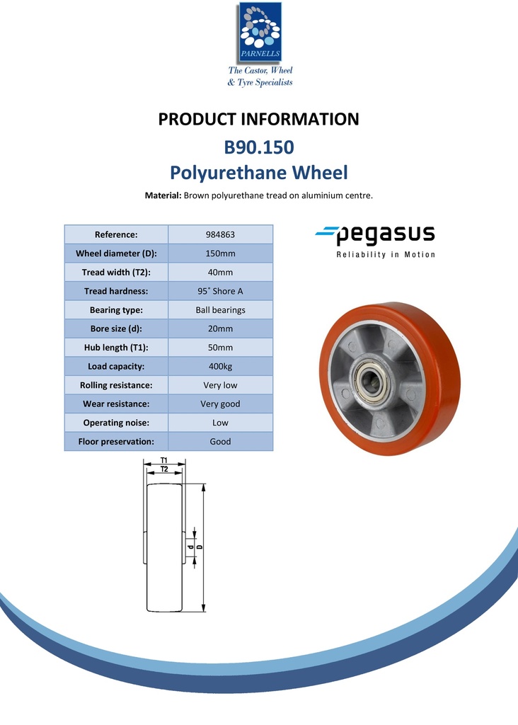 B90.150 Wheel series 150mm brown Prothane® polyurethane on aluminium centre 20mm bore hub length 50mm ball bearing 400kg - Spec sheet