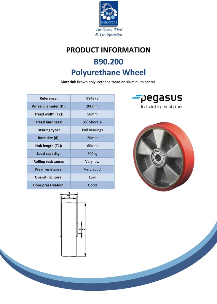 B90.200 Wheel series 200mm brown Prothane® polyurethane on aluminium centre 20mm bore hub length 60mm ball bearing 800kg - Spec sheet