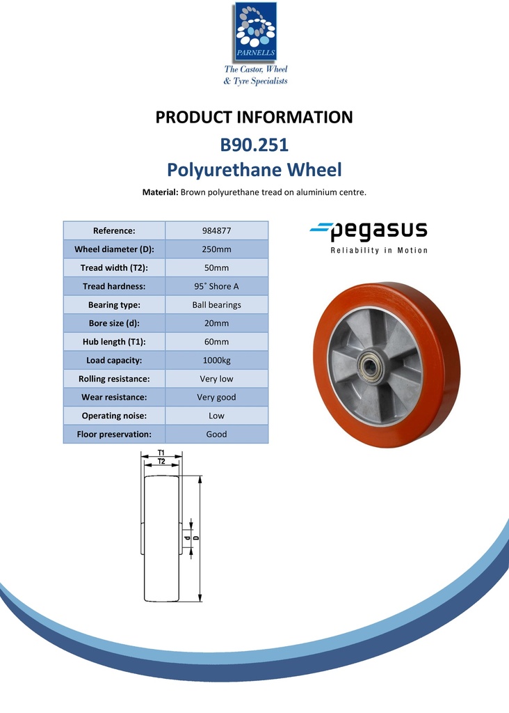 B90.251 Wheel series 250mm brown Prothane® polyurethane on aluminium centre 20mm bore hub length 60mm ball bearing 1000kg - Spec sheet