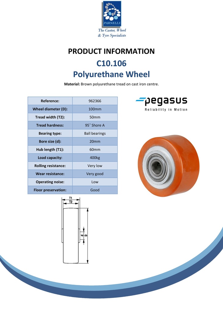 C10.106 Wheel series 100mm brown Prothane® polyurethane on cast iron centre 20mm bore hub length 60mm ball bearing 400kg - Spec sheet