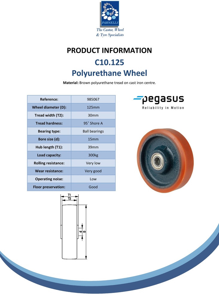 C10.125 Wheel series 125mm brown Prothane® polyurethane on cast iron centre 15mm bore hub length 39mm ball bearing 300kg - Spec sheet