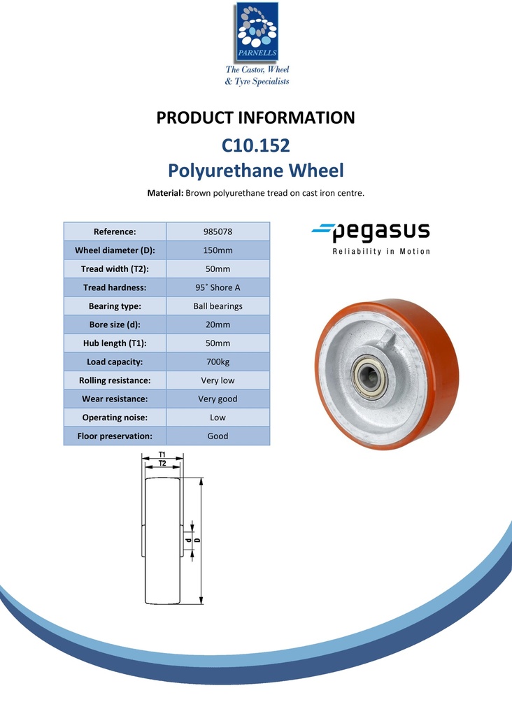 C10.152 Wheel series 150mm brown Prothane® polyurethane on cast iron centre 20mm bore hub length 50mm ball bearing 700kg - Spec sheet