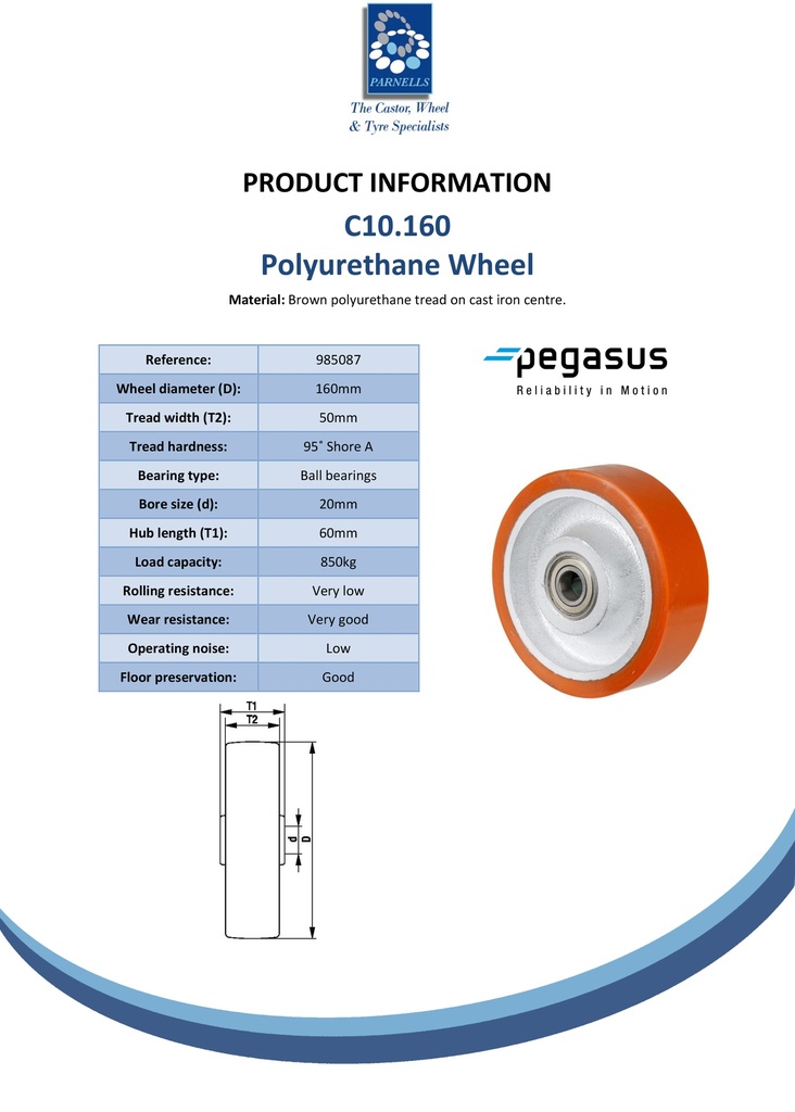 C10.160 Wheel series 160mm brown Prothane® polyurethane on cast iron centre 20mm bore hub length 60mm ball bearing 850kg - Spec sheet