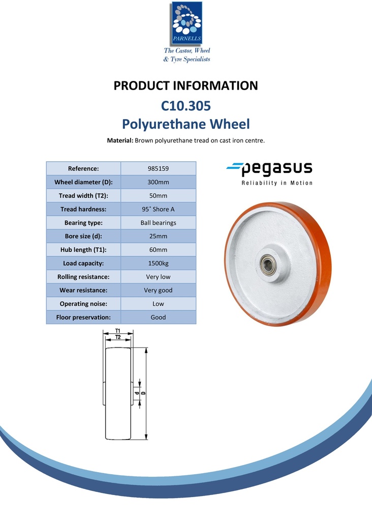 C10.305 Wheel series 300mm brown Prothane® polyurethane on cast iron centre 25mm bore hub length 60mm ball bearing 1500kg - Spec sheet