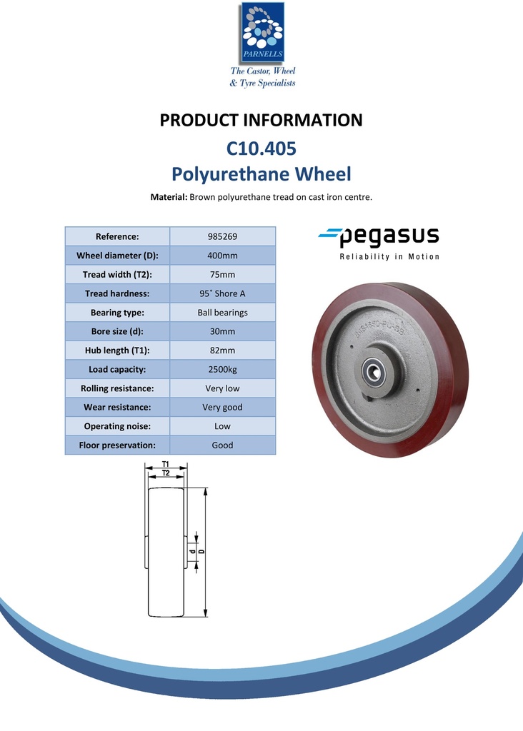 C10.405 Wheel series 400mm brown Prothane® polyurethane on cast iron centre 30mm bore hub length 82mm ball bearing 2500kg - Spec sheet