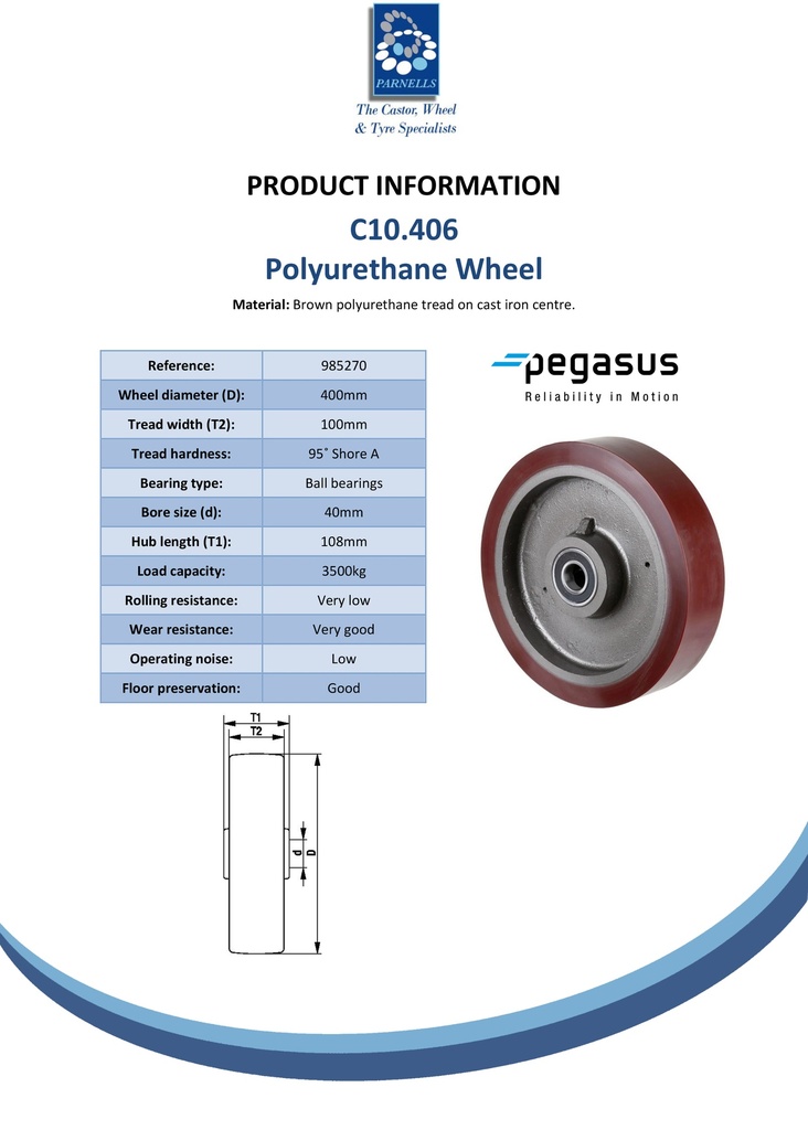 C10.406 Wheel series 400mm brown Prothane® polyurethane on cast iron centre 40mm bore hub length 108mm ball bearing 3500kg - Spec sheet