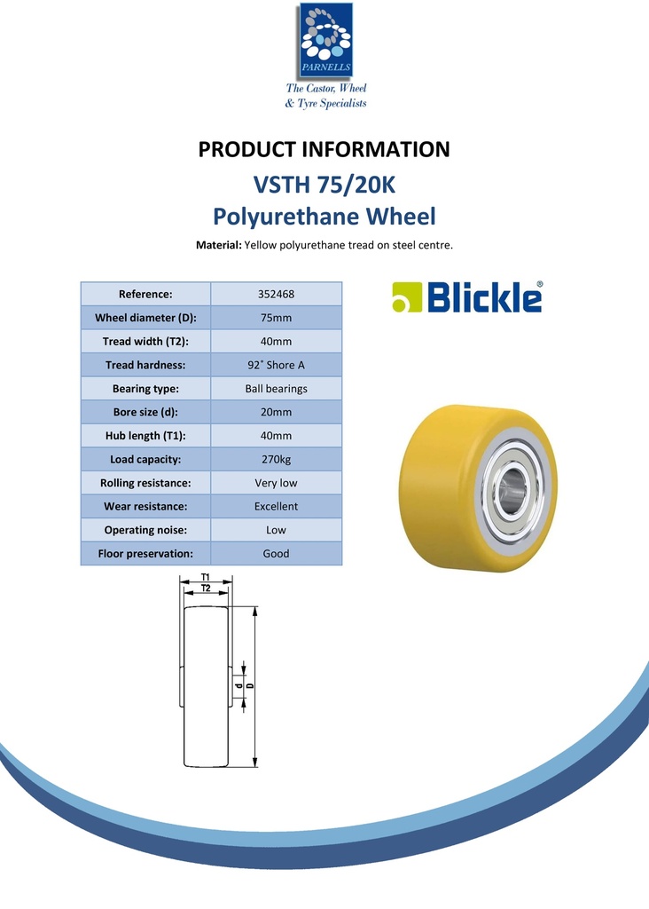 VSTH 75/20K Wheel series 75x40mm yellow Extrathane® polyurethane on steel centre 20mm bore hub length 40mm ball bearing 270kg - Spec sheet