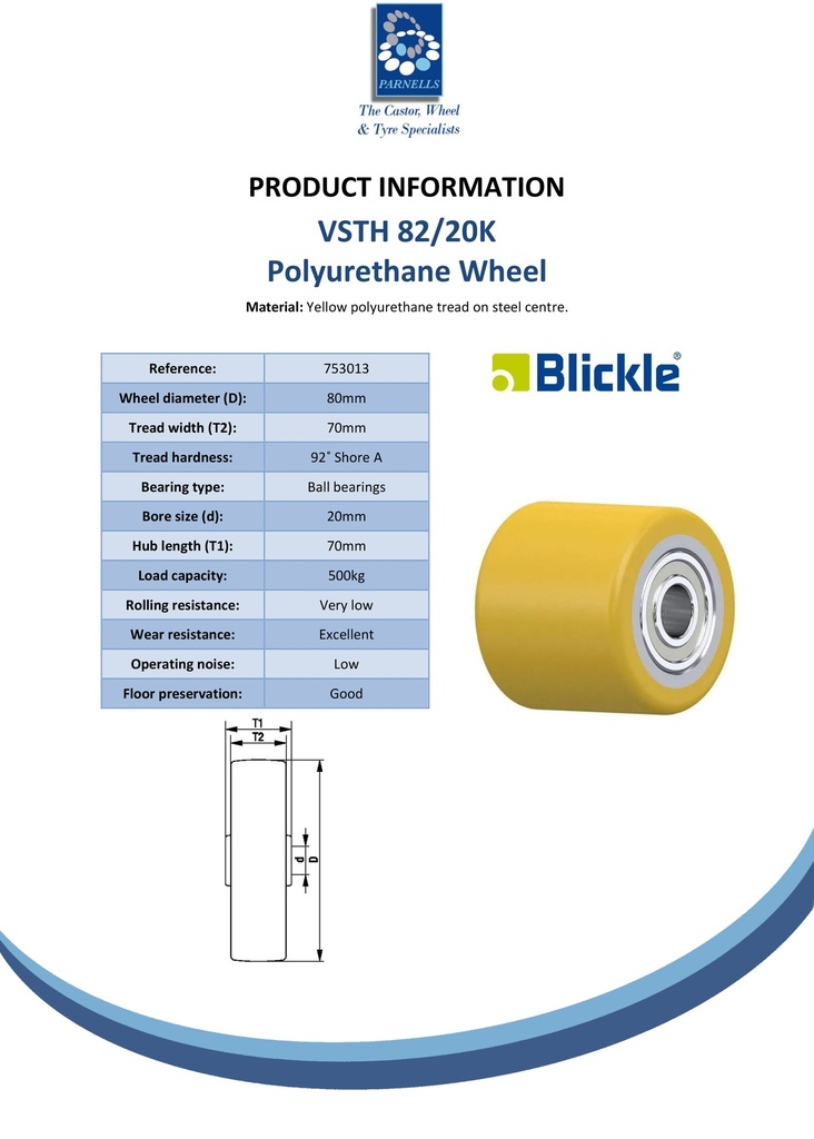 VSTH 82/20K Wheel series 80x70mm yellow Extrathane® polyurethane on steel centre 20mm bore hub length 70mm ball bearing 500kg - Spec sheet