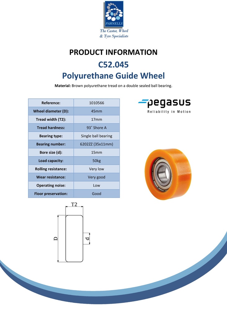 C52.045 Wheel series Guide wheel 45x17mm brown polyurethane 15mm bore single ball bearing 50kg - Spec sheet