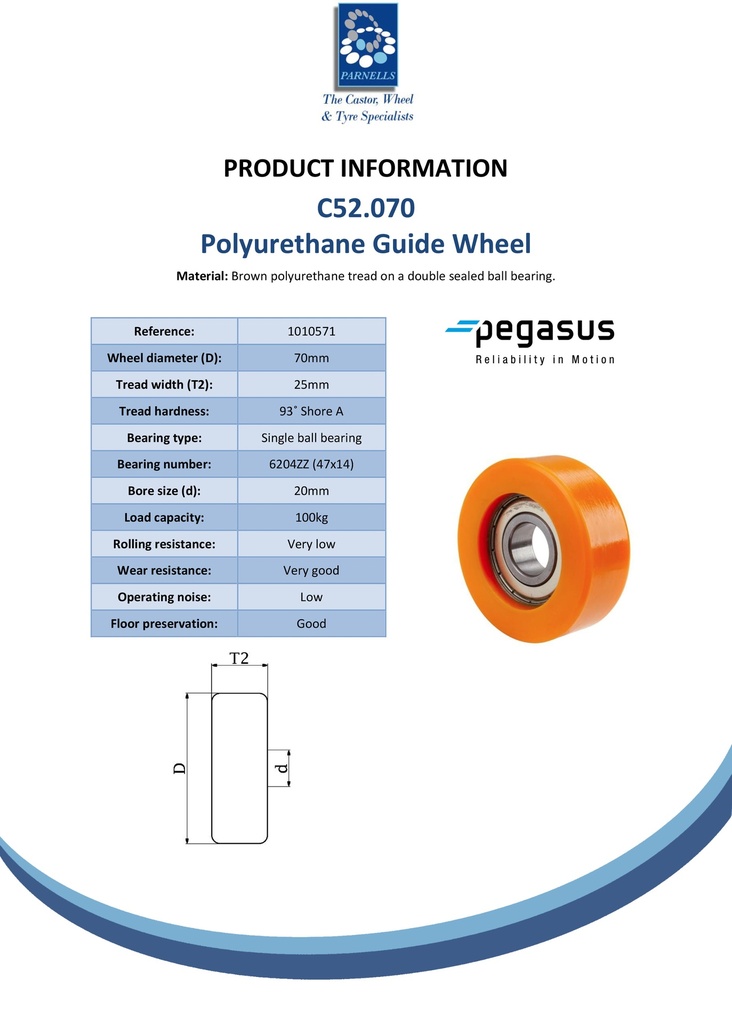 C52.070 Wheel series Guide wheel 70x25mm brown polyurethane 20mm bore single ball bearing 100kg - Spec sheet