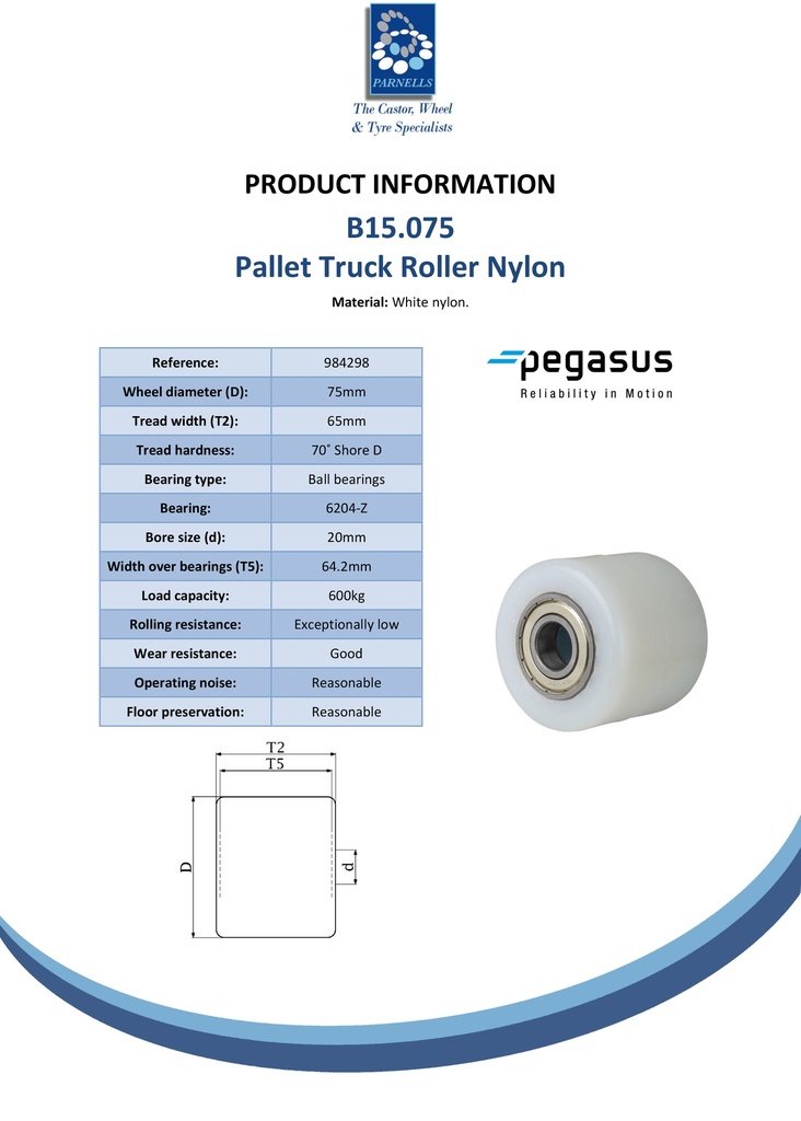 B15.075 Wheel series Pallet truck roller 75x65mm white nylon 20mm bore, width over ball bearings 64.2mm, 600kg - Spec sheet