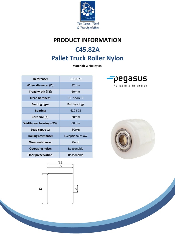 C45.82A Wheel series Pallet truck roller 82x60mm white nylon 20mm bore, width over ball bearings 60mm, 600kg - Spec sheet