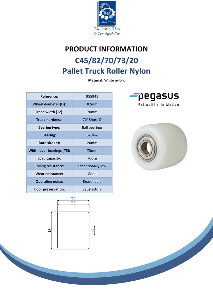C45/82/70/73/20 Wheel series Pallet truck roller 82x70mm white nylon 20mm bore, width over ball bearings 73mm, 700kg - Spec sheet