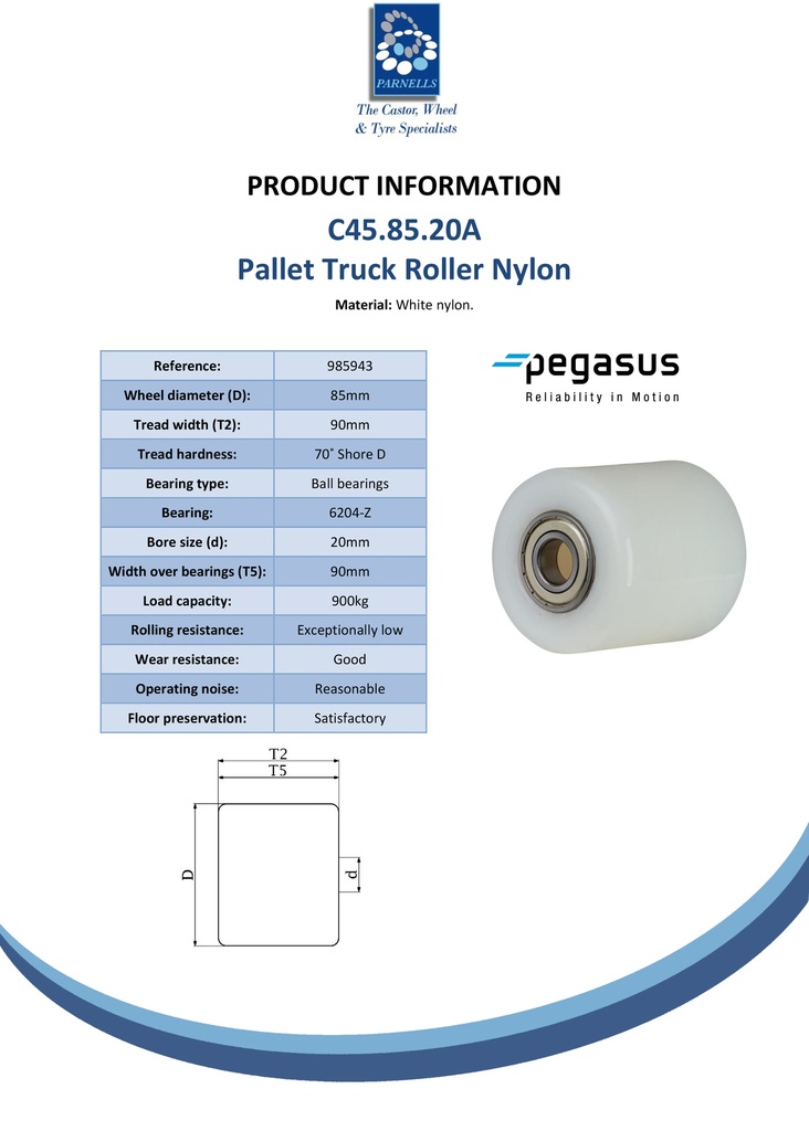 C45.85.20A Wheel series Pallet truck roller 85x90mm white nylon 20mm bore, width over ball bearings 90mm, 900kg - Spec sheet