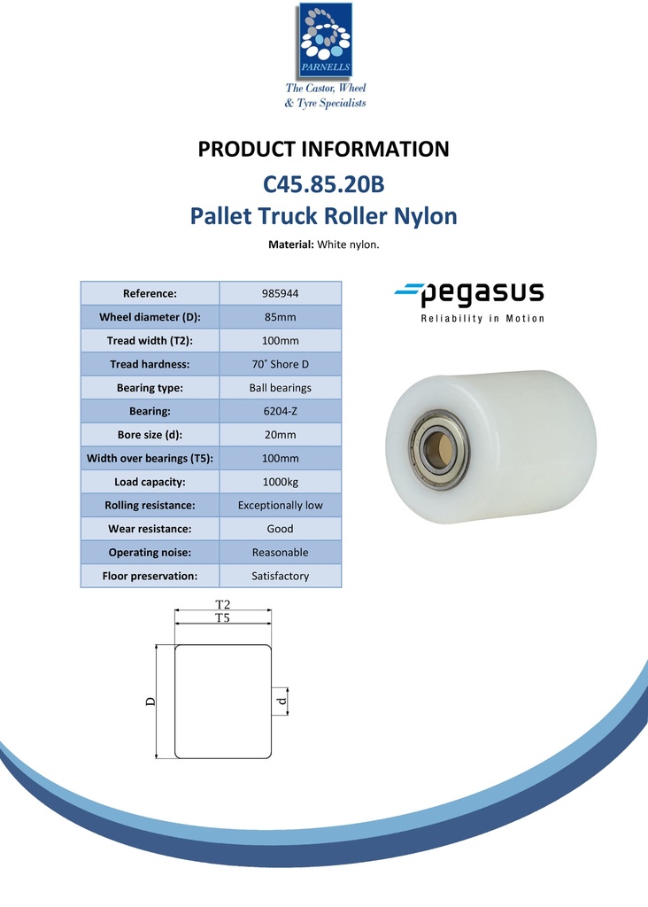 C45.85.20B Wheel series Pallet truck roller 85x100mm white nylon 20mm bore, width over ball bearings 100mm, 1000kg - Spec sheet