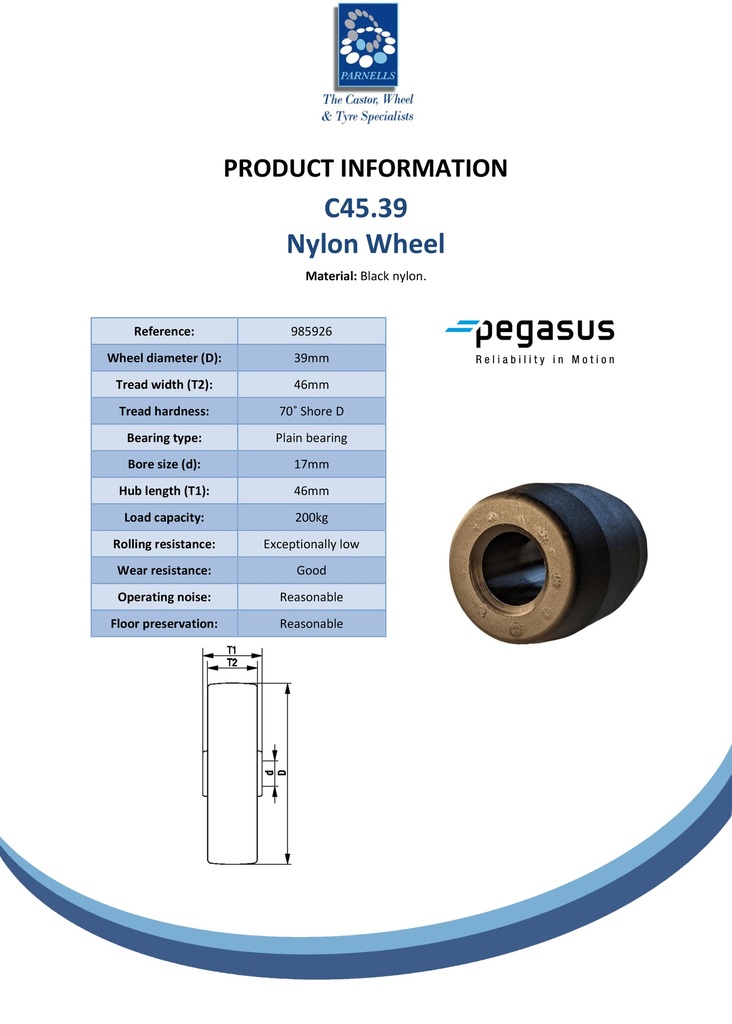 C45.39 Wheel series 39mm nylon 17mm bore hub length 46mm plain bearing 200kg - Spec sheet