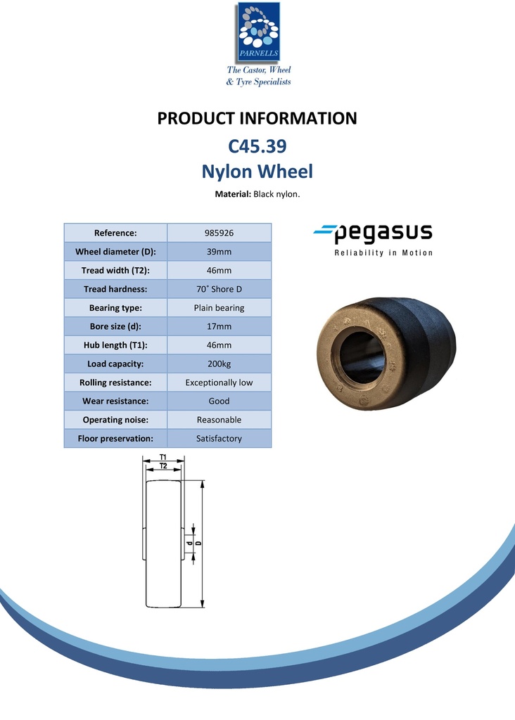 C45.39 Wheel series 39mm nylon 17mm bore hub length 46mm plain bearing 200kg - Spec sheet