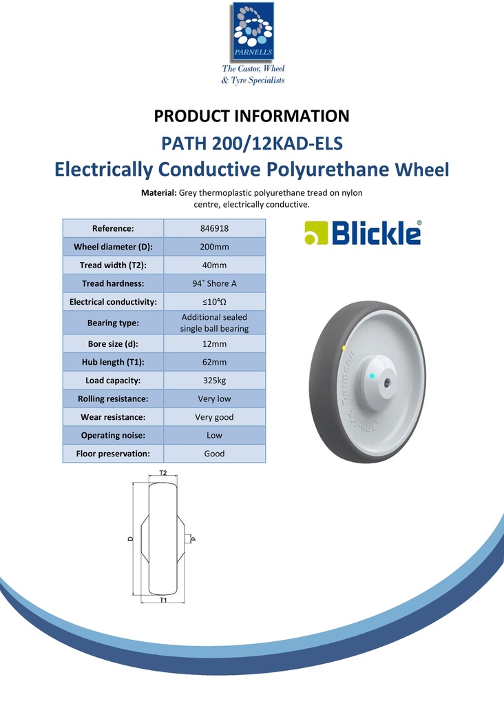 PATH 200/12KAD-ELS Wheel series 200mm electrically conductive grey polyurethane on nylon centre 12mm bore hub length 62mm additional sealed single ball bearing 325kg - Spec sheet
