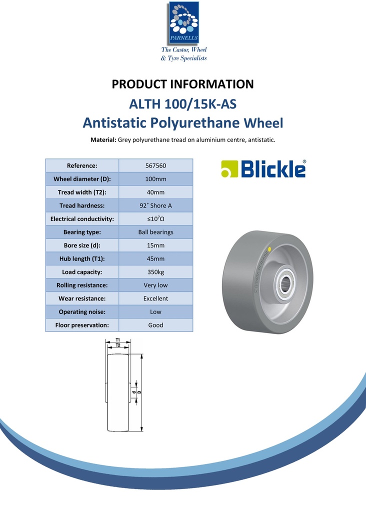 ALTH 100/15K-AS Wheel series 100mm antistatic grey Extrathane­® polyurethane on aluminium centre 15mm bore hub length 45mm ball bearings 350kg - Spec sheet