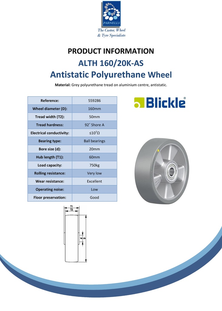 ALTH 160/20K-AS Wheel series 160mm antistatic grey Extrathane­® polyurethane on aluminium centre 20mm bore hub length 60mm ball bearings 750kg - Spec sheet