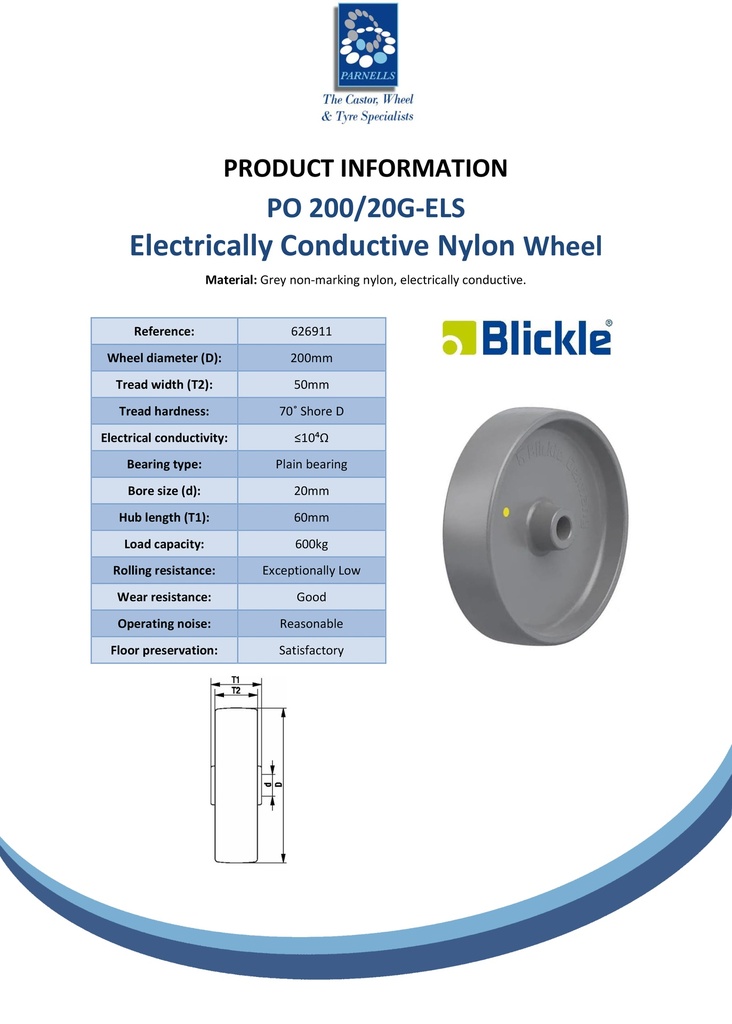 PO 200/20G-ELS Wheel series 200mm electrically conductive grey nylon 20mm bore hub length 60mm plain bearing 600kg - Spec sheet