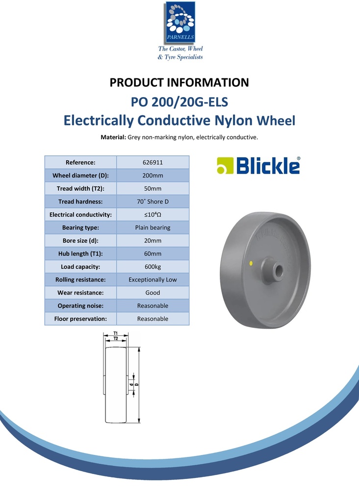 PO 200/20G-ELS Wheel series 200mm electrically conductive grey nylon 20mm bore hub length 60mm plain bearing 600kg - Spec sheet