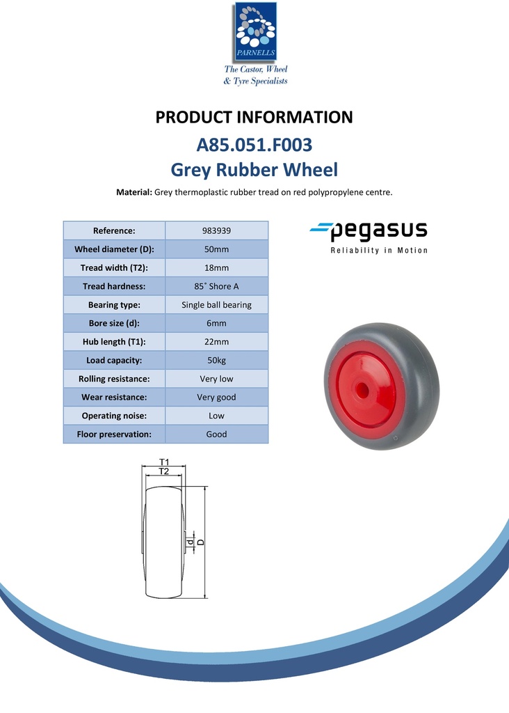 A85.051.F003 Wheel series 50mm grey thermoplastic rubber on polypropylene centre 6mm bore hub length 22mm single ball bearing 50kg - Spec sheet