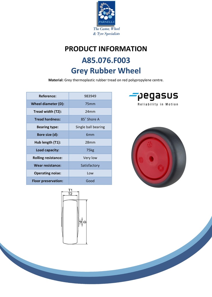 A85.076.F003 Wheel series 75mm grey thermoplastic rubber on polypropylene centre 6mm bore hub length 28mm single ball bearing 75kg - Spec sheet