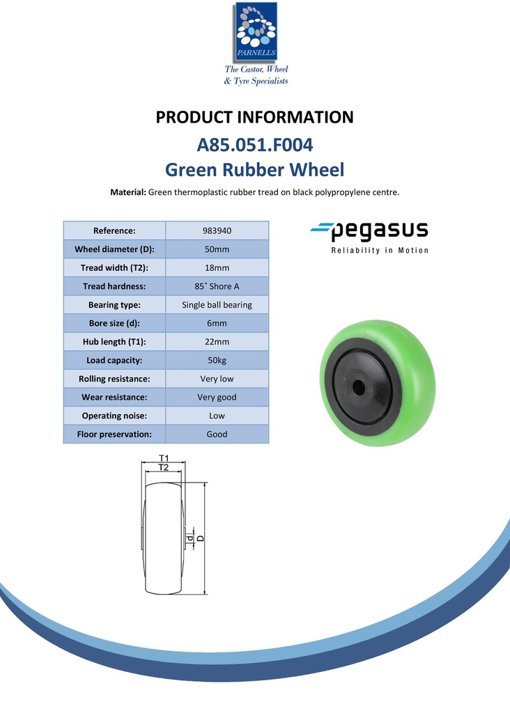 A85.051.F004 Wheel series 50mm green thermoplastic rubber on polypropylene centre 6mm bore hub length 22mm single ball bearing 50kg - Spec sheet