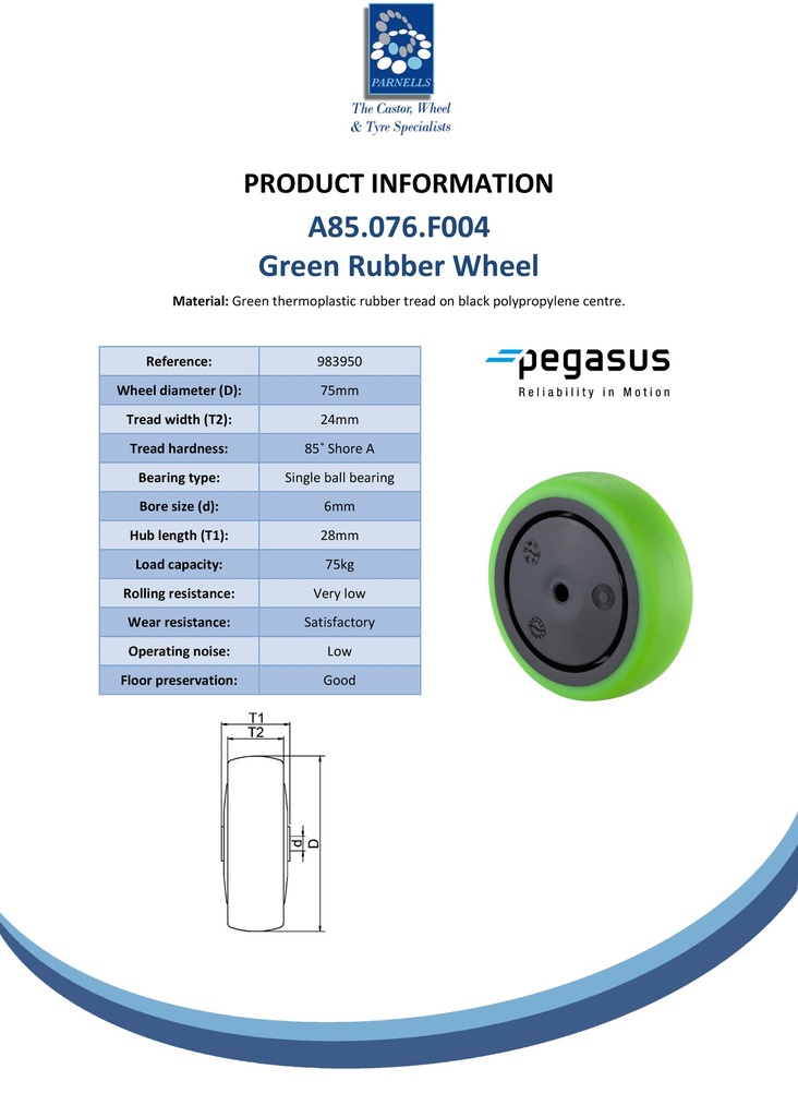 A85.076.F004 Wheel series 75mm green thermoplastic rubber on polypropylene centre 6mm bore hub length 28mm single ball bearing 75kg - Spec sheet