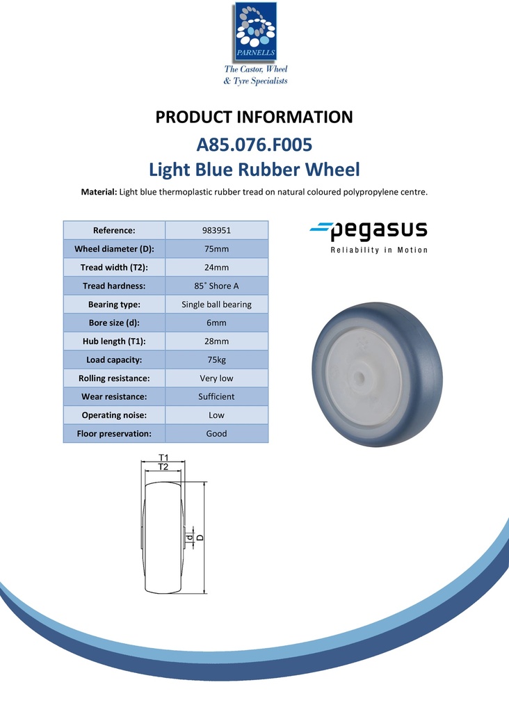 A85.076.F005 Wheel series 75mm light blue thermoplastic rubber on polypropylene centre 6mm bore hub length 28mm single ball bearing 75kg - Spec sheet