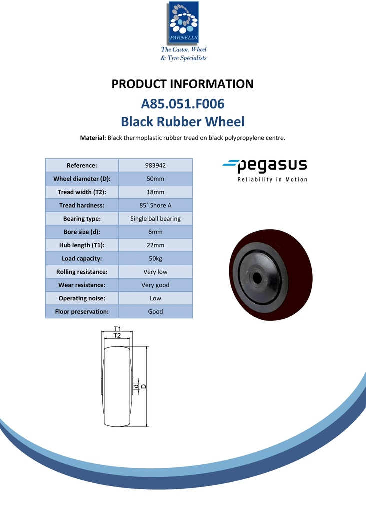 A85.051.F006 Wheel series 50mm black thermoplastic rubber on polypropylene centre 6mm bore hub length 22mm single ball bearing 50kg - Spec sheet